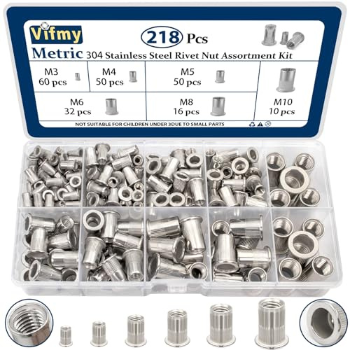 Vifmy Metric 304 Stainless Steel Rivet Nut Assortment Kit(218 Pcs),M3 M4 M5 M6 M8 M10 Flat Head Rivnut Set,Rivnut Threaded Insert Nut