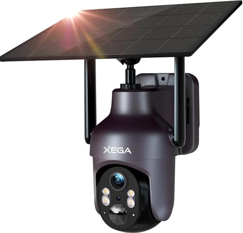 Xega Grey WiFi Solar Security Camera, HD PTZ Wireless Outdoor IP Camera Surveillance Rechargeable Battery with Solar Panel, IR Night Vision, 2-Way Audio, PIR Human Detection, IP66 Waterproof, 2.4GHz