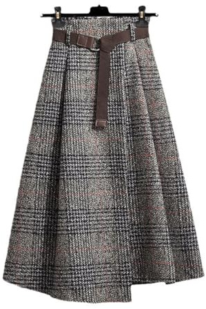 Women's Plaid Wool Skirt Vintage High Waist A-Line Asymmetrical Hem Split Midi Skirt(Grey, M)
