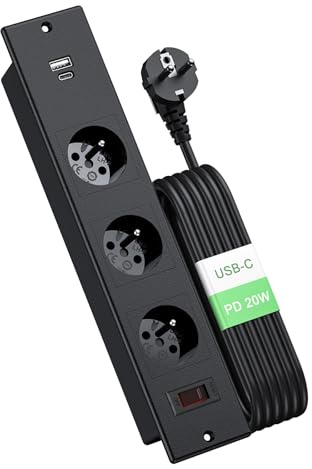 Prise Encastrable Plan de Travail, Dinolink Multiprise Encastrable avec 3 Prises, PD 20W USB A+C, Prise Electrique Encastrable avec Interrupteur de Surcharge, 16A/4000W, 2M Câble, Noir