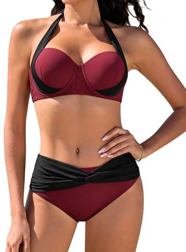 JFAN Bikini för kvinnor, hög midja, push-up, badmode, tvådelad, badmode, baddräkt, badkläder, strandkläder, vinröd, L