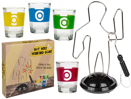 mucHome Elektronisches Trinkspiel DER HEIßE DRAHT mit 4 Shot Gläsern Partyspiel Gesellschaftsspiel Geschicklichkeitsspiel