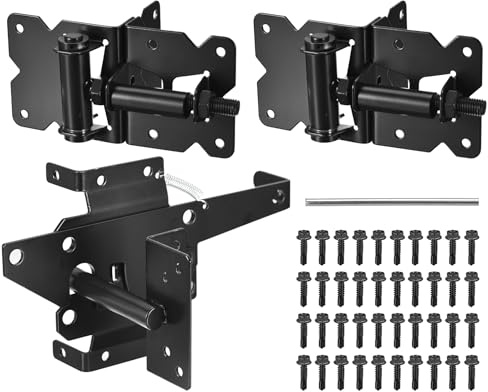 QUARKZMAN 2 Stück selbstschließende Torbänder und Torverschluss-Hardware-Set für Holz- oder Vinylzauntor, mit selbstschneidenden Schrauben und Einstellwerkzeug, schwarz