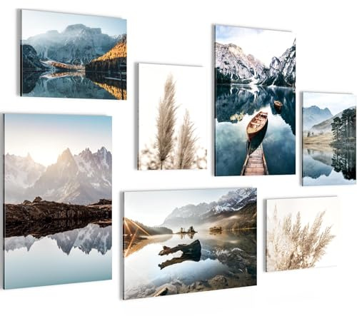 Novart Wandbilder See Berge Blau - KOMPLETT AUFHÄNGFERTIG - Natur Wohnzimmer Schlafzimmer Flur - 7 Moderne Mood-Bilder - N003672a