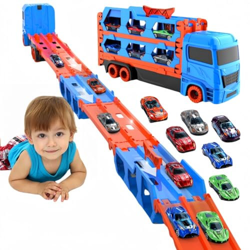 Bearbao Toddler Boy Toys for 2 3 4 5 6 Years Old Boys, 65 Inches Race Track for Boys Kids Die-Cast Transport Truck Car Toys, Toddler Car Toys Set for Kids Boys