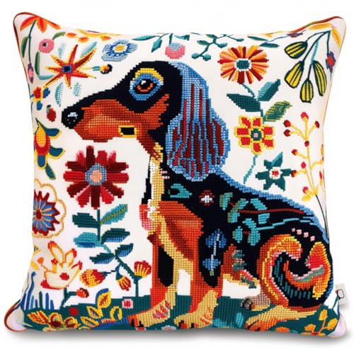 DIY knüpfen set erwachsene Dackel Tier knüpfkissen Hund und Blumen Kits zur Herstellung von Kissenbezügen，DIY-Häkelgarn-Kits，Stick-Kits，Kits zur Herstellung von Kissenbezügen/Kissenbezü 43x43cm