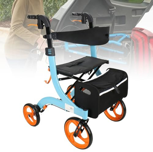 Zusammenklappbarer Gehwagen, elektrischer Rollstuhl-Rollator mit Doppelbremse, Sitz und abnehmbarer Aufbewahrungstasche, höhenverstellbarer, leichter zusammenklappbarer Tragerollstuhl,Blue