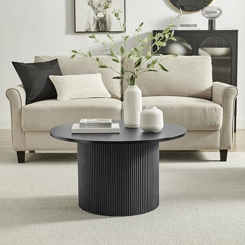 Furniturebox UK Coffee Table - 'Penrose' Black 80cm Round Wooden Pedestal Coffee Table - Melamine Veneer - Slatted Wood Pillar Leg - Modern Minimalist Scandi Japanese Style Living Room Furniture