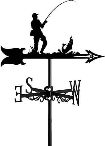 PLHBVDFWE Wetterfahne aus Metall im Retro-Stil in Fischer- und Fischform, Windrichtungsmessgerät, Dachmontage, Bauernhofszene, Gartenkunst, Außendekorationszubehör, Fischer