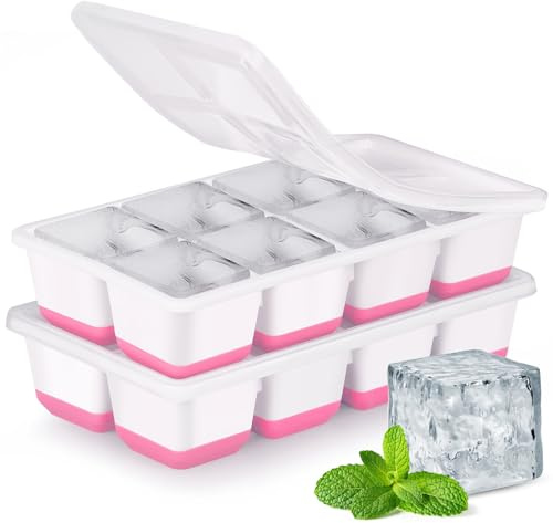 JRISBO Large Ice Cube Moulds, 4.5cm Square Ice Cube Trays with Lids, BPA Free & Super Easy Release (2 Pink)