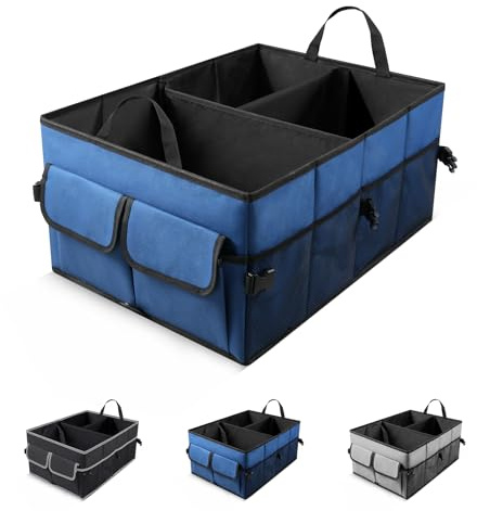 UYYE Auto Collapsible Trunk Organizer, 3 Large Compartments and 6 Pockets Durable for Cargo Storage, Easy to Storage Tools With Adjustable Securing Straps and Non-Slip Bottom for Car (Dark Blue)