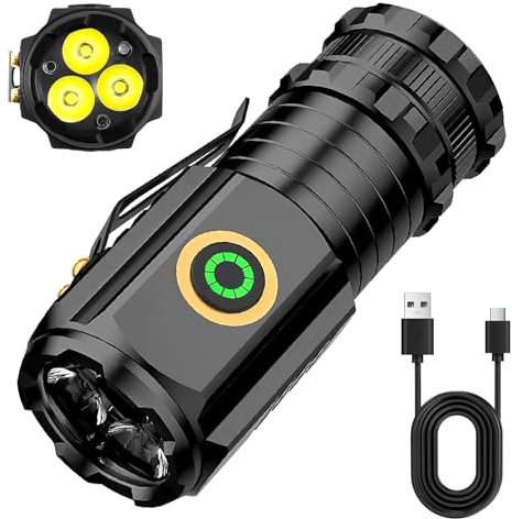 Small LED Torch TypeC Rechargeable Long Life 5000LM with 3LEDs and Tail Magnet Clip Battery for Power Cut Hiking Outdoor Camping Dog Walking Waterproof Flashlight Super Powered Bright 5 Modes Zoomable