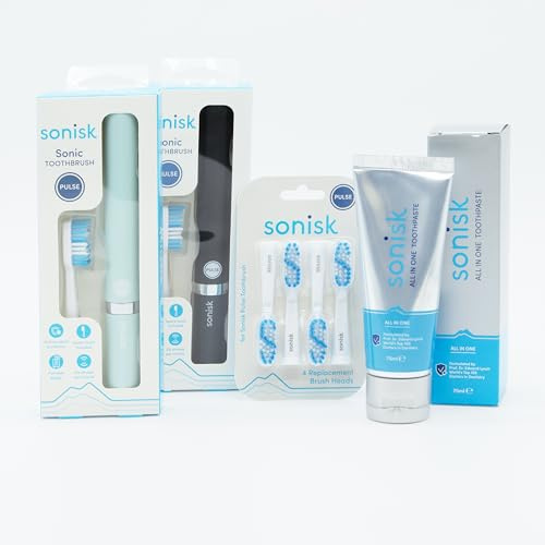 Sonisk Couples Bundle | 2X Pulse Electric Toothbrushes, 4 Replacement Heads, All-in-One Toothpaste | Sonic Technology, Plaque Removal | Dentist Recommended, Travel-Friendly (Teal & Matte Black)