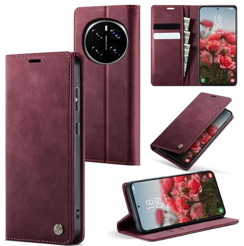 owlhold Handyhülle für Honor Magic 6 Pro hülle Premium PU klapphülle RFID Lederhülle Faltbare Schutzhülle Kartenfach Standfunktion Handytasche hülle Honor Magic 6 Pro 5G - Weinrot
