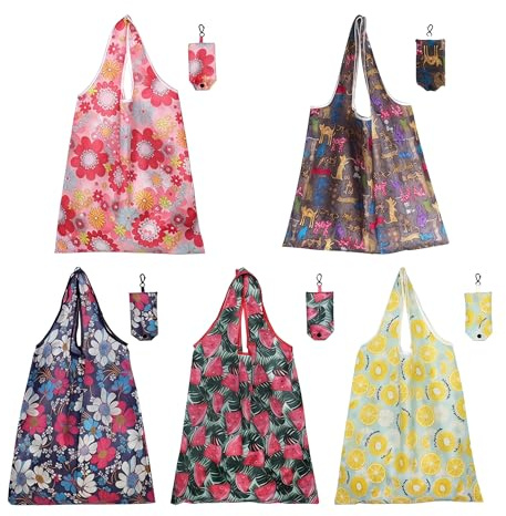 YDAKGUEY Foldable Shopping Bags with Hook, 5 Pcs Washable Reusable Grocery Tote Bags, Foldable In a Pouch for Daily Shopping Groceries Travel & Storage