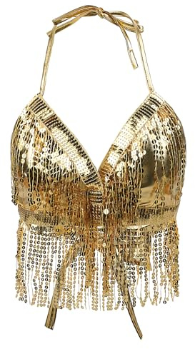 Damen Pailletten BH Bandage Oberteile mit Neckholder Fransen Bauchtanz Crop Top Glitzer Tanzwerkzeug Rückenfreie Nachtclub Tanzbekleidung Clubwear Bühnenaufführungen Kostüme Für Yoga Cha Cha Latein