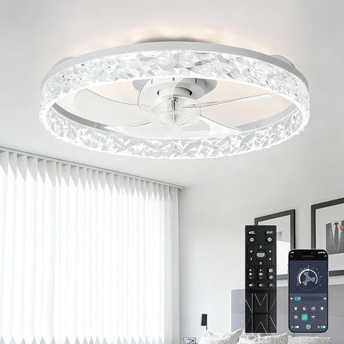 Depuley Ceiling Fans with Lights and Remote: Full Package 20 Modern Low Profile Flush Mount LED Ceiling Fan for Bedroom App Control - White Crystal Bladeless Fandelier for Laundry Room Kitchen