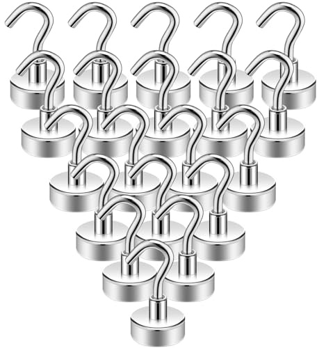 BieMian 20 Pcs Extra Strong Magnetic Hooks Heavy Duty Strong Magnet Hookss, 16mm 24lb Neodymium Magnetic Hooks for Cruise Cabins Kitchen Fridge Workplace Camping Office(Silver)