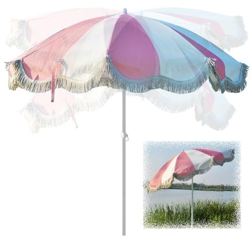 IMUNKT Parasol De Jardin Extérieur À Franges 200CM, Parasol De Plag Inclinable/réglable en Hauteur, Vert Et Blanc, Parasol Portable pour Balcon, Cour, Pelouse, Piscine(Pink White)