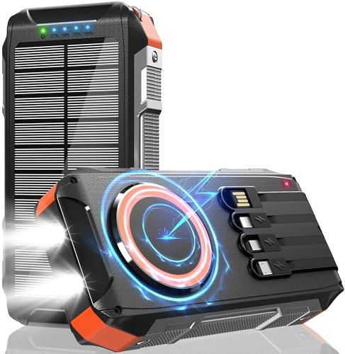 26800 mAh Power Bank Solar Inalámbrica con 4 Cables:30W PD de Carga Rápida Magnética,7 Salidas,Cargador Portátil USB C,Batería Externa con Linterna,Ideal para Móviles Tablets Outdoor y Camping