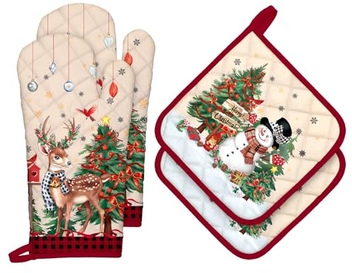 Arquiel Guanti Da Forno Presina Set Di 4 Natale, Pupazzo Neve Cervo Cotone Addensare Guanti Da Forno A Microonde, Presine Da Cucina Morbida Resistenti Calore Per Arrostire, Cuocere Decorativo Regalo