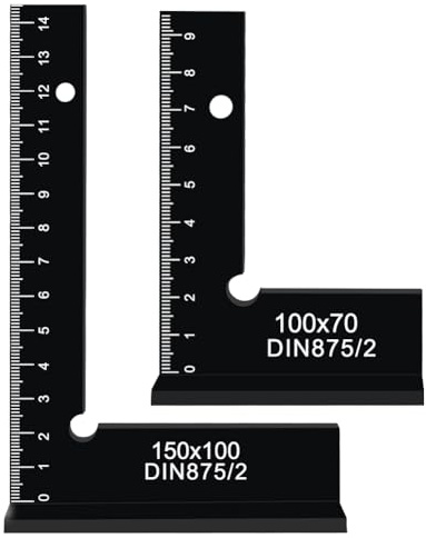 Lot de 2 équerres de butée de serrurier à 90° avec échelle de mesure (cm) pour travaux précis dans la construction métallique et l'atelier, dimensions 100 x 70 mm et 150 x 100 mm, angle métallique 90