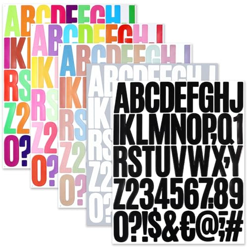 BINLINHONGO 245 Alphabet Number Stickers, 5 Sheets 2 Inches Self-Adhesive Vinyl Letter Sticker Decals for Doors, Mailbox, Scrapbooks, Bottles - Mixed Colors