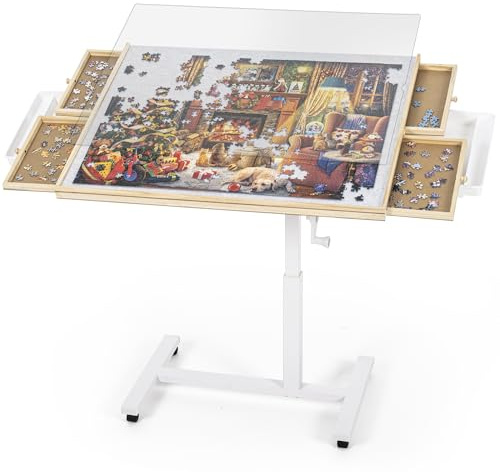 ROPODA Tavolo da Puzzle 1500 pezzi, Tavolo per Puzzle con 6 Cassetti, Copertura e 4 Ruote, Tavola Puzzles Regolabile per Adulti con 4 Angoli di Inclinazione, Puzzles Board in Legno, 89 x 68 cm