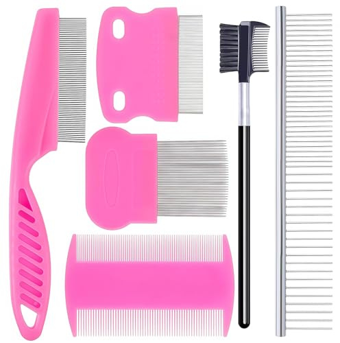 6 Pack Pet Grooming Combs, Stainless Steel Dog and Cat Grooming Combs with Rounded Teeth, Double-Sided Professional Pet Tear Stain Remover for Small, Medium, and Large Pets (Pink)