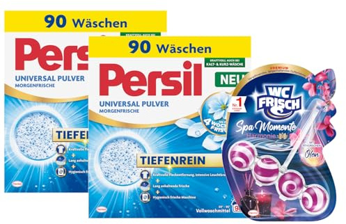 PERSIL Universal Pulver Morgenfrische 90 WL (2 x 4,95 kg) + WC FRISCH Spa Momente Harmonie 1 x 50g, Waschmittel & WC-Duft, langanhaltender Frischeduft, Kombi-Set