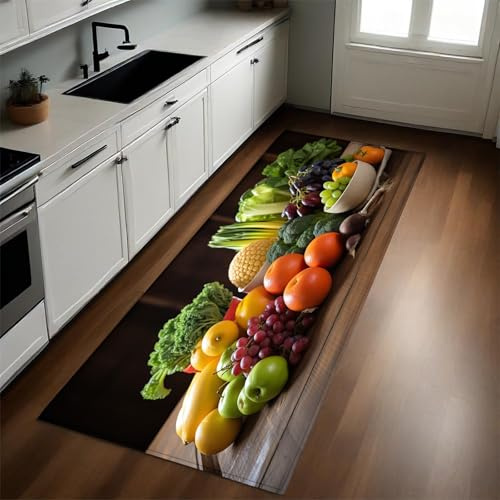 Schwarz Küchenläufer 60 x 180 cm Holztisch und Obst und Gemüse rutschfest Waschbar Küchenteppich Pflegeleicht Teppich Läufer für Küche Flur Eingangsbereich Esszimmer
