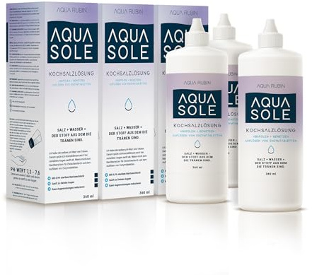 AQUA SOLE Kochsalzlösung 0,9% Natriumchlorid, Kontaktlinsen Lösung zum sanften Spülen und Benetzen, geeignet zur Auflösung von Enzymtabletten, ideal für empfindliche Augen (3x350ml)