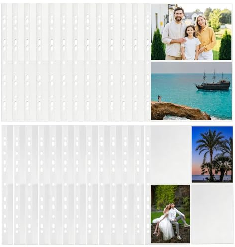 DEXYZZY 40 Stück Fotohüllen A4, Transparente Postkartenhüllen, mit 11-fach Lochung für A4 2/3/4 Ringbuch, Zur Aufbewahrung von Fotos Postkarten Souvenirpapier, Beidseitig 2 Taschen & 4 Taschen
