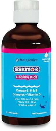 Eskimo-3 Healthy Kids Fish Oil by Metagenics - Omega-3, 6 & 9 + Vitamin D, 740mg EPA + DHA - Tutti Frutti, 210ml | Delicious tutti-frutti flavoured fish oil with Vitamin D to support childhood bones, teeth and active immune defences