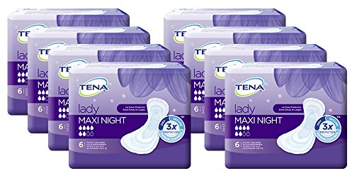 Tena Lady Maxi Night Hygiene Einlagen für mittlere Blasenschwäche geruchsneutralisierend und saugfähig für Nachts 8er Pack(8 x 6 Stück)