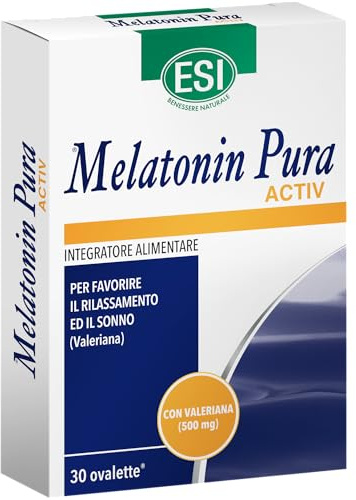 ESI - Melatonin Pura Activ, Integratore Alimentare in Ovalette a base di Melatonina e Valeriana, Favorisce il Sonno e Contrasta lo Stress, Senza Glutine e Vegan, 30 Ovalette