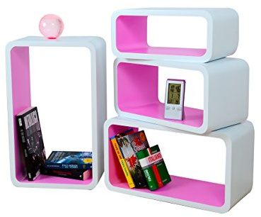 Cube Verstärkte Vielen Farben MDF Retro Design 4er Set Regal Regale Wandregal Deko Würfel CD DVD Lounge LO01 (Weiß/Rosa)