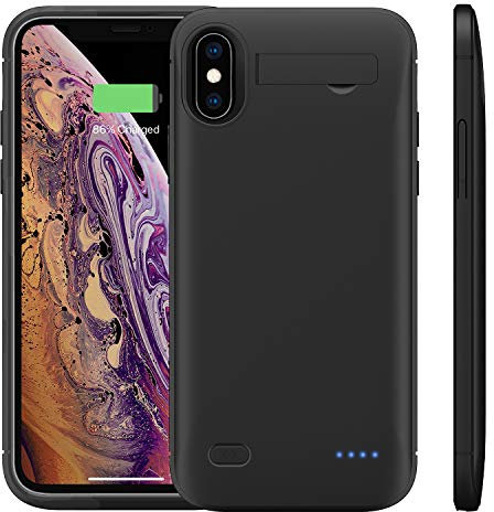 Welluv Akku-Schutzhülle für iPhone X XS 6 6S 7 8 Plus Ladehülle 4000 mAh mit Handyständer, ultra schlankes Ladegerät, wiederaufladbar, Schwarz For iPhone X XS 5.8 Schwarz