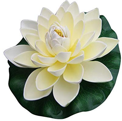 Flikool 18cm Flores de Loto Artificiales con Hoja Falso Flotante Lirio de Agua EVA Espuma Nenúfar Plantas Artificiales para Jardín Acuarios Tanque de Peces Estanque Decoración 8pcs - Blanco