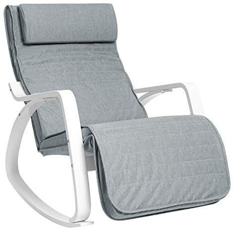 SONGMICS Schaukelstuhl aus Birkenholz, Schaukelstuhl, mit Fußstütze in 5 Winkeln, Leinenimitat, Tragfähigkeit 150 kg, Wohnzimmer, Hellgrau LYY11WG