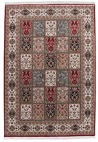 THEKO die markenteppiche Klassischer Orientteppich Benares aus Schurwolle | Feldermuster | handgeknüpft | 60 x 90 cm | rot | ca. 310 000 Florfäden