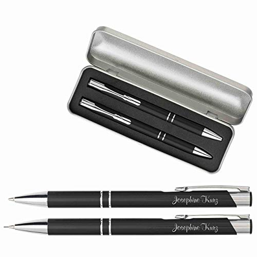 Kugelschreiberset Kugelschreiber und Druckbleistift mit Gravur Geschenk hochwertig | bestandene Prüfung Geschenk | personalisierte | blauschreibend (schwarz, mit Gravur)
