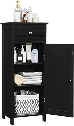 COSTWAY Badezimmerschrank schmal, freistehender Badschrank mit Schublade & verstellbaren Regale, Badkommode Beistellschrank aus Holz für Schlafzimmer Wohnzimmer, 35 x 30 x 88cm (Schwarz)