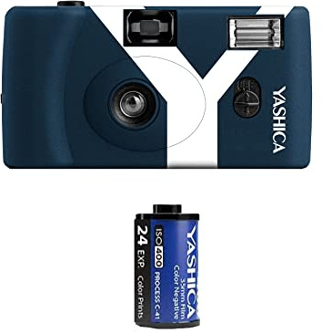 Yashica MF1 dunkel blau Kleinbild Kamera Set (Kamera+eingeletem Film+Batterie+Tragegurt) eine NACHHALTIGE nachladbare Einwegkamera
