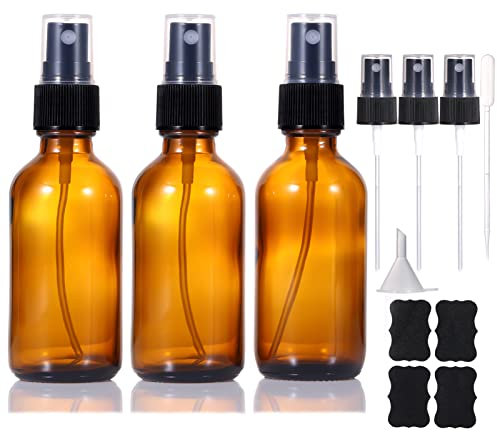 LIYUABU 60ml Braunglas Sprühflasche,kleine leere feine Nebelparfüm Nachfüllbarer Reise Sprühflasche für ätherische Öle/Haare/Aromatherapie/Reinigung/Kosmetik mit zusätzlicher Sprühdüse (3 Stück)