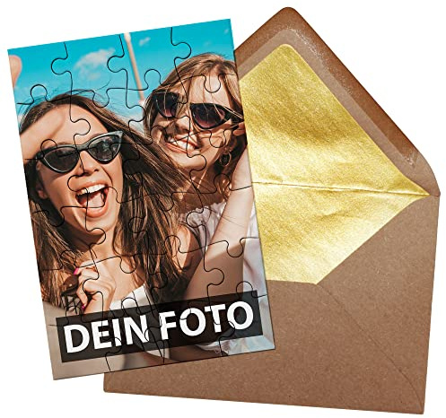 Puzzle selbst gestalten mit eigenem Bild - 24 Teile Puzzle Personalisieren mit Foto und Wunschtext | Hochformat, inkl. Briefumschlag mit Gold-Inlay