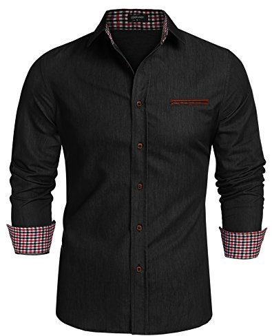 COOFANDY Men's Shirts Long Sleeve Casual Denim Shirt Slim Fit Button Down Formal Dress Shirt Cotton Cowboy Shirts with Plaid Collar Black L