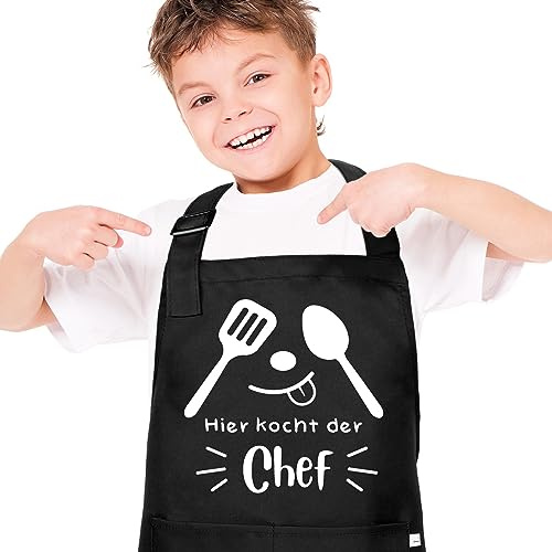 Heyu-Lotus Kinderschürze Kochschürze Kinder Schürze Wasserdicht Mit Tasche | Schwarz,verstellbar,4 bis 12 Jahre kinderschürze,Lustiges Motiv,Hier kocht der Chef,für Beim Kochen,Malen,Grillen