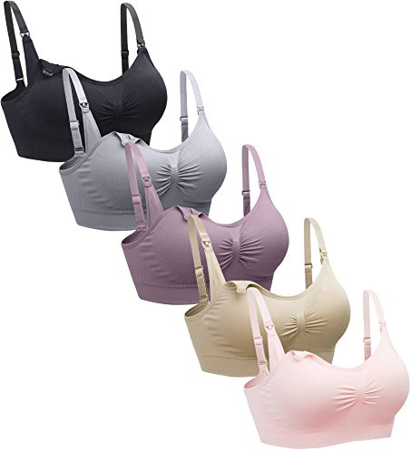 Suekaphin 5-Pack Wireless Nursing Bra for Women - Sleeping Maternity Breastfeeding Bra, 4X-Large, Black/Nude/Purplebean/Soft Pink/Gray