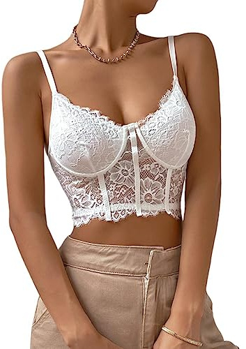 Rongseng Crop Top Femme Debardeur en Dentelle Col en V Haut Court Camisole Sexy Chic Bretelles Spaghetti Cropped Gilet Casual Été Cami Tank Top